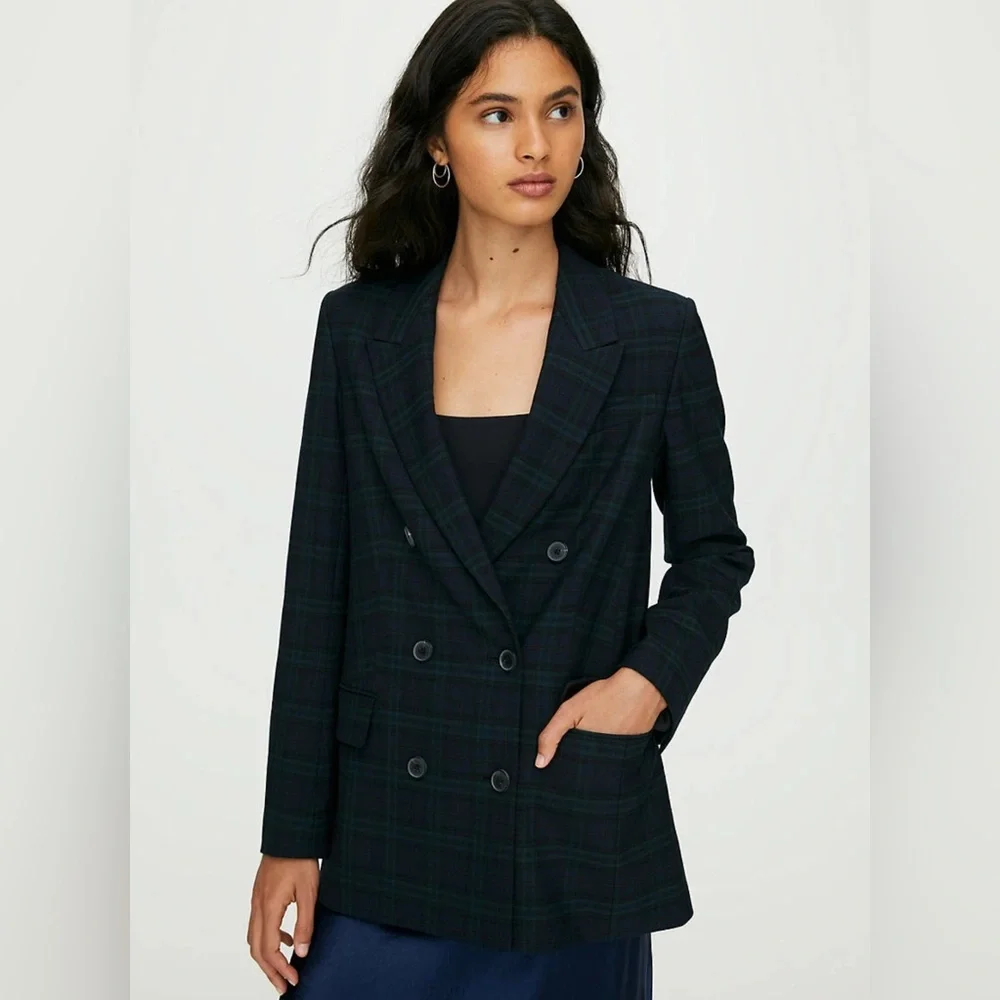 Aritzia Babaton Samuel Double Breasted Navy Everest Green Plaid Blazer Size 6